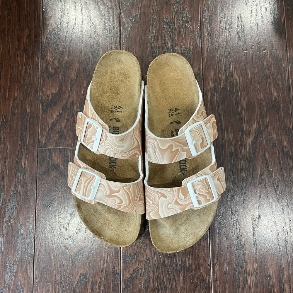 Birkenstock Arizona Birko-Flor Beige Marble Print Sandal Women Size 41  9.5/10 - Picture 2 of 8